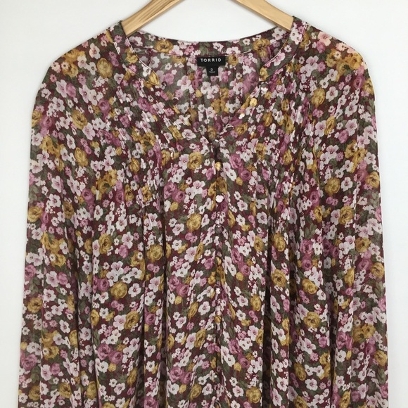 Torrid Crinkle Chiffon Smocked Floral Blouson Sleeve Blouse Size 2X Peasant Top - Picture 8 of 16